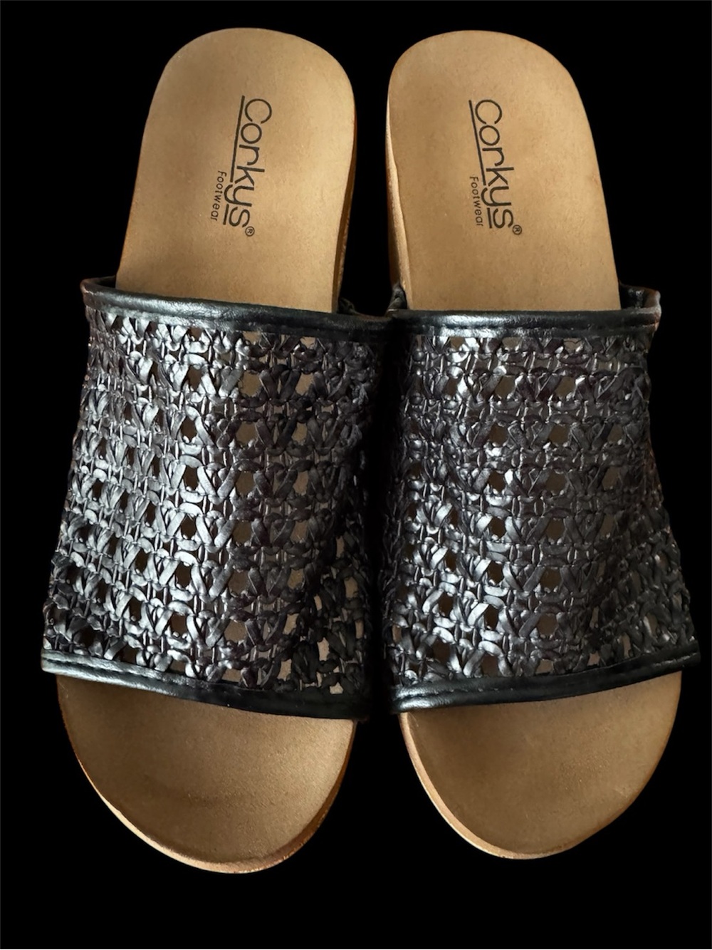 Women’s size 9 Corky’s Vacation 2.5in Wedge Black Mesh Woven Slide Sandals NWOT